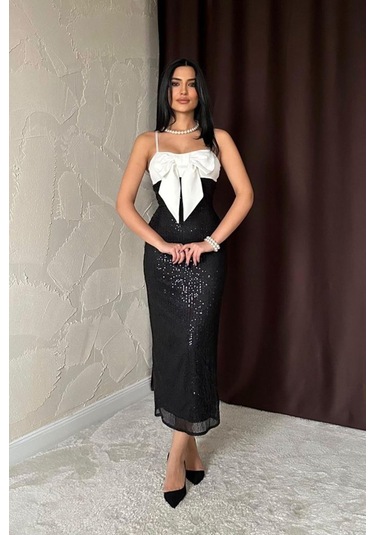 Siyah Önü Fiyonklu Garnili Elbise Siyah