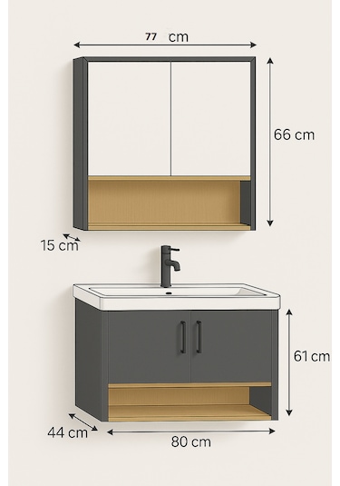 Legna 80 Cm Antrasit&ahşap Banyo Dolabı Takımı Alt Ve Üst Dolap