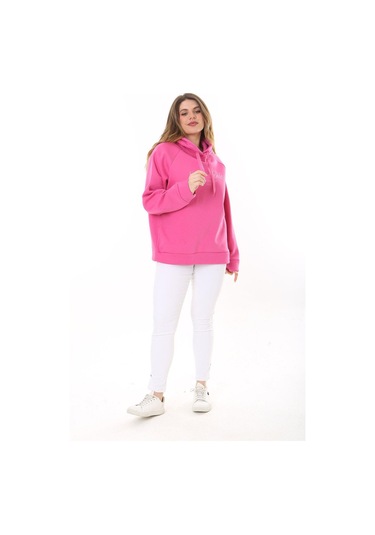 Kadın Büyük Beden Bebe Mavisi İçi Şardonlu 3 İplik Kumaş Kapşonlu Sweatshirt 65n37575-pembe Pembe
