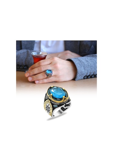 Faset Kesim Aqua Paraiba Taşlı 925 Ayar Gümüş Erkek Yüzük (500124914)