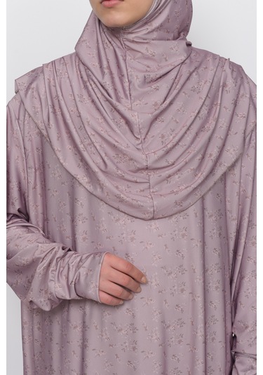 Pratik Tek Parça Çiçek Desenli Kollu Tak Çıkar Başörtülü Likralı Tesettür Namaz Elbisesi 990-0201 Bej Antrasit
