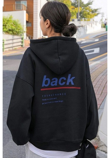 Back Sweatshirt - Siyah Baskılı Oversize Kapüşonlu Siyah