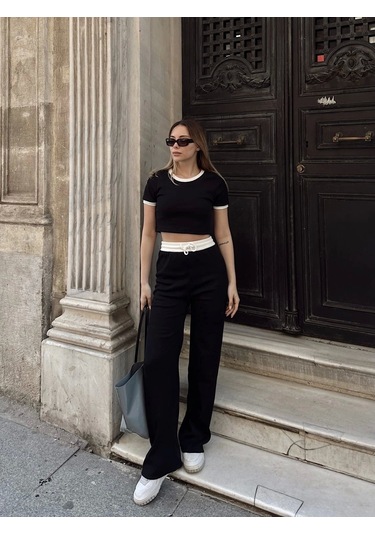 Crop Pantolon Biyeli Takım Siyah Siyah