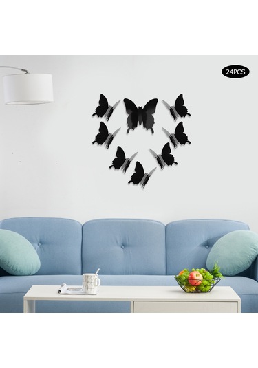 Hangfox 24 Adet Siyah 3d立体 Kelebek Duvar Sticker - Pvc Materyal - Dıy Dekorasyon - Oturma Odası, Yatak Odası İçin Zenginleştirici Diğer