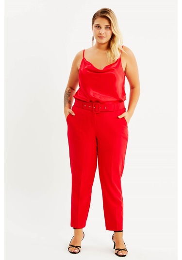 Cep Detaylı Kemerli Klasik Pantolon - Kırmızı