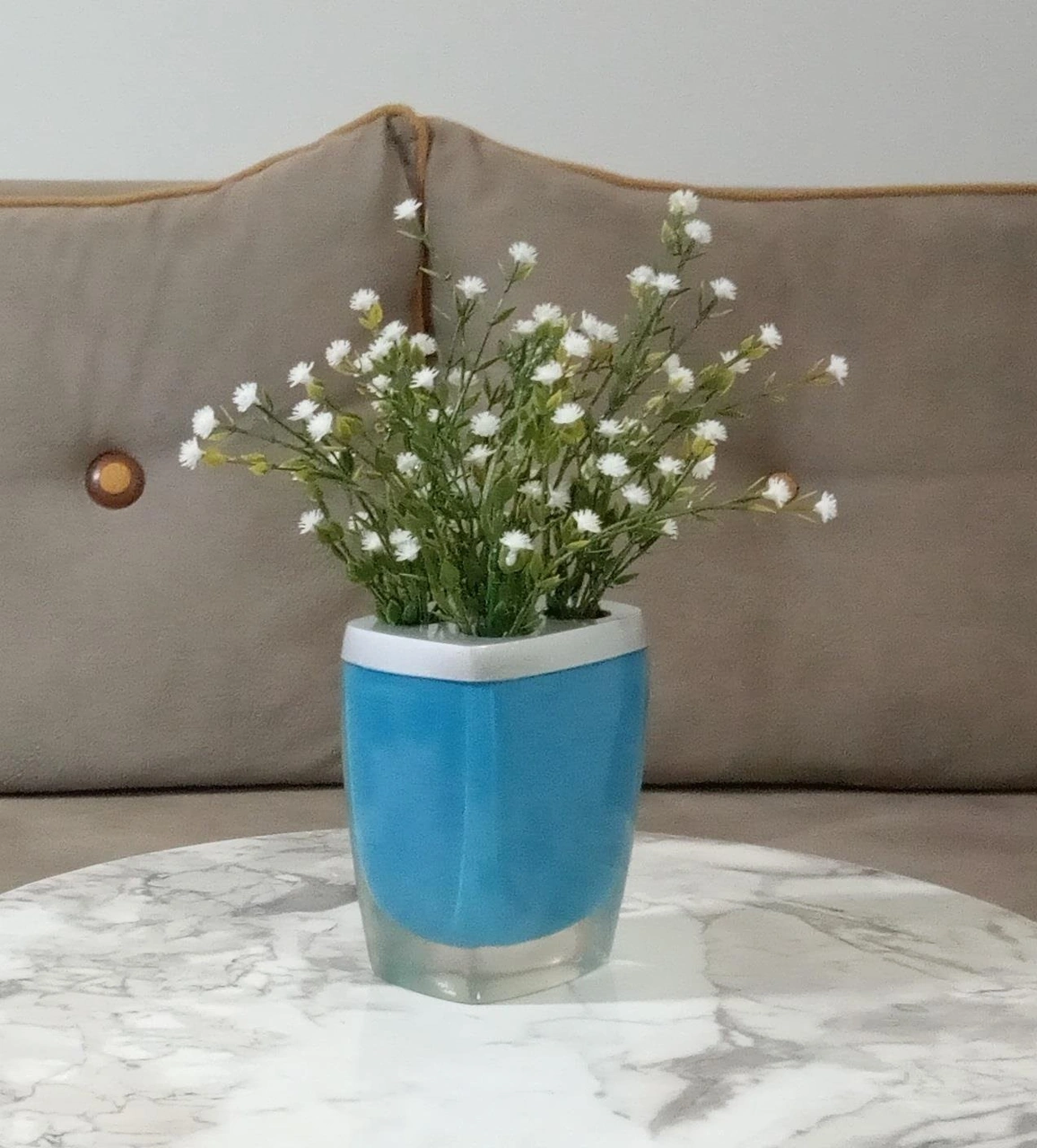 2 Adet Vazo Dahil,vazoda Çiçek,beyaz Yapay Çiçek,vazo Dekoratif Gri Mavi Poliresin 8x4x16cm Çok Renkli