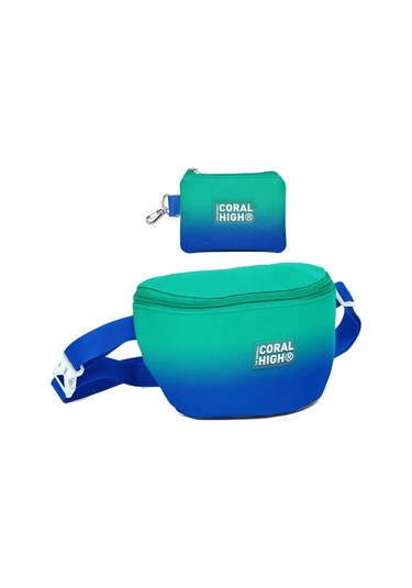Coral High Erkek Çocuk Yeşil Saks Renk Geçişli Desenli Bel Çantası Ve Bozuk Para Cüzdanı Set Çok Renkli