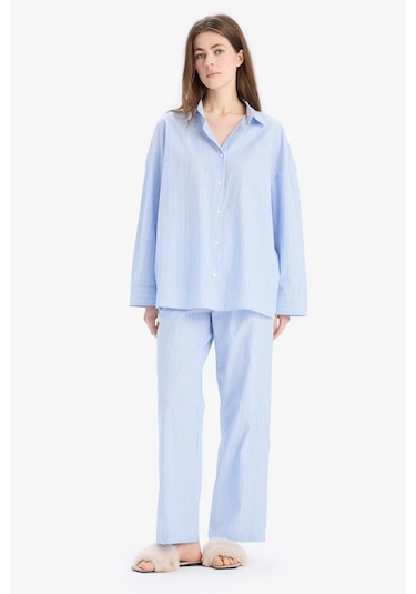 DeFacto Çizgili Pijama Yaka Poplin Pijama Üstü-Fall in Love E3113AX25SPBE747