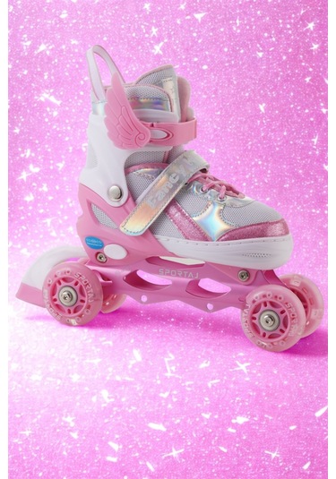 Melek Kanatlı Işıklı Çocuk Pateni Ve Dizlik Seti Silikon Teker Ayarlanabilir Paten Çantalı Pembe Pembe