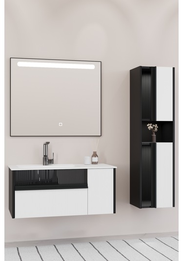 Sable 85 Cm Beyaz Lavabolu Banyo Dolabı - Siyah Beyaz (boy Dolap Dahil) Beyaz - Siyah