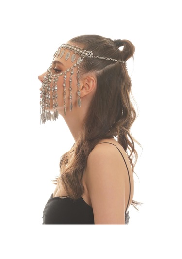 Kadın Antik Gümüş Kaplama Yaprak Charm Detaylı Ayarlanabilir El Yapımı Peçe, Yüz Zinciri Gümüş