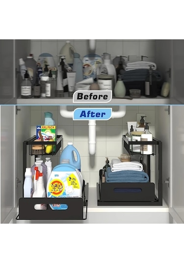 Honeybeeshop Lavabo Altı Düzenleyici Beyaz 1 Paket Kayar Çekmece Rafları Mutfak Banyo Kiler Dolabı Düzenleme Rafı Metal Sürgülü Çekmeceler Beyaz