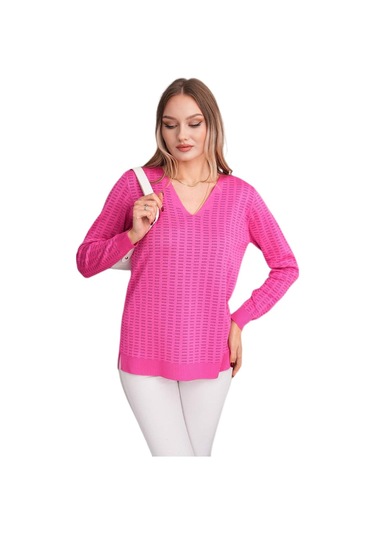Kadın V Yaka Simli Kazak 12809 Bgl-st04106 Fuşya