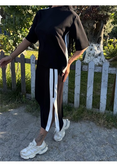 Siyah Polyester Keten Çizgili Yandan Takım Siyah