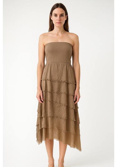 İtalyan 2 Beden Ince Gösteren Kat Kat Ipek Etek & Straplez Elbise Camel