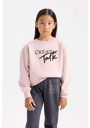 DeFacto Kız Çocuk Relax Fit Bisiklet Yaka Baskılı Sweatshirt D5454A824WNPR345