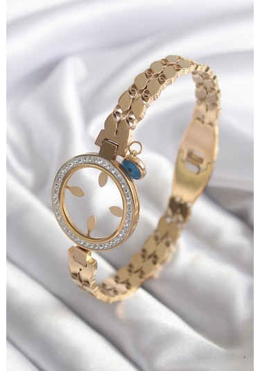 316l Çelik Gold Renk Arpa Model Zirkon Taş Detay Çeyrek Altın Takılabilir Kadın Bilezik Kelepçe Çok Renkli