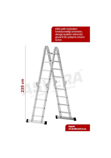 Asvera 4.7 Metre Çok Amaçlı Akrobat Merdiven - 16 Basamaklı 4x4 Katlanır Profesyonel Merdiven