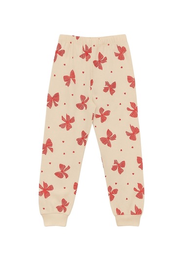 Ekru Renk Kırmızı Fiyonk Baskılı Kız Çocuk Pijama Takımı Ekru