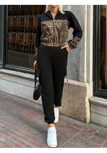 S-pazarım Kadın Uzun Kollu Kapşonlu Leopar Desenli Viskon Iki Iplik Bluz Ve Pantolon Ikili Takım Siyah