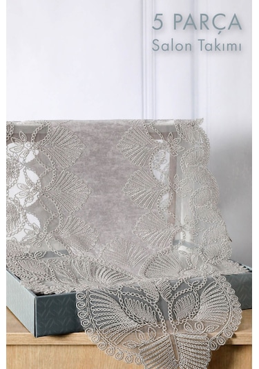 Avangart Kadife Fransız Güpürlü 5 Parça Salon Takımı - Gri