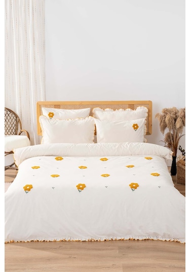 Florita Sarı Çift Kişilik Nakışlı 6 Parça %100 Pamuklu Nevresim Takımı & Çeyiz Seti