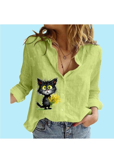 Kadın Moda Düğmeli Bluz Rahat İnce Uzun Kollu Üst Bayan Pamuklu Keten Baskılı Gömlek Yeşil