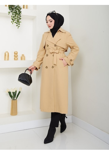 Amazon Keten Kumaş Uzun Boy Düğmeli Astarlı Yumuşak Dokulu Trenç Kot Camel CAMEL
