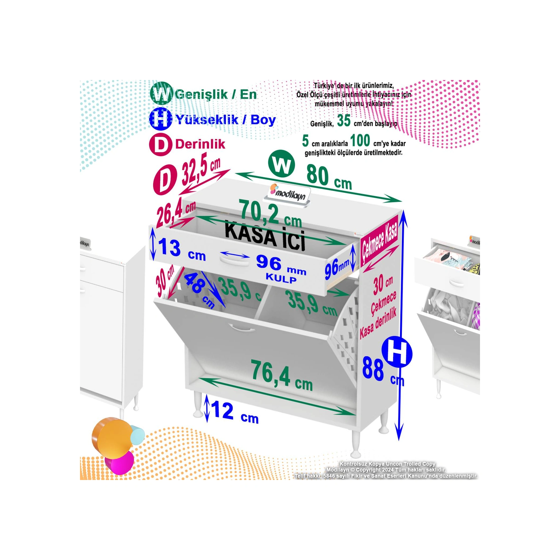 Mira 2 Göz Sepetli Dolap Sebzelik Düzenleyici Dolap 80x88x32,5 Cm Beyaz