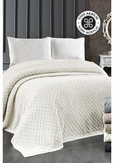 Akrilik Örgü Battaniye Çift Kişilik 220 X 240 Cm Yatak Örtüsü Pike Poly Krem