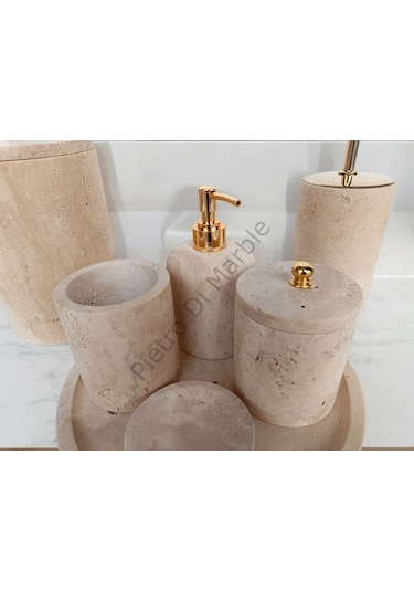 Sarı Traverten Klasik Model 7 Parça Gold Renk Düğme Aksesuarlı Banyo Seti Sarı Traverten