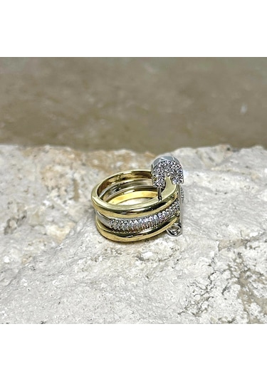3'lü Silver-gold Taşlı Çengelli İğne Yüzük Çok Renkli
