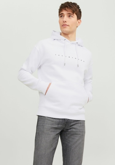 Jack & Jones Kabartma Baskılı Kapüşonlu Sweatshirt - Star 12233972 White Koyu Siyah