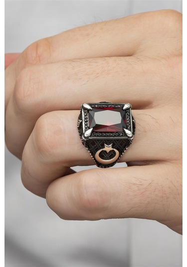 Yüzük Sanatı Dikdörtgen Ayyıldız Motifli Kırmızı Taşlı 925 Gümüş Erkek Yüzük