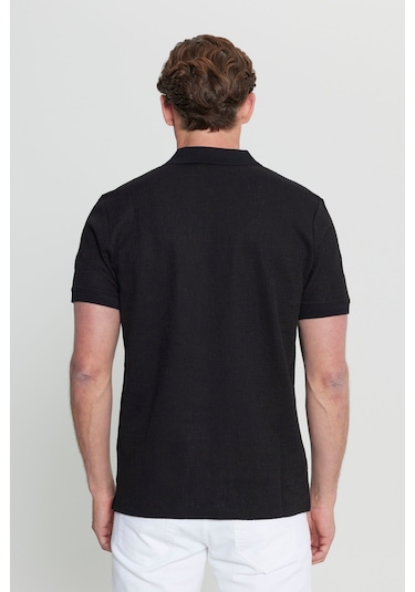 Erkek Sıyah Pamuklu Slim Fit Dar Kesim Fermuarlı Yaka Jakarlı Esnek Tişört Siyah