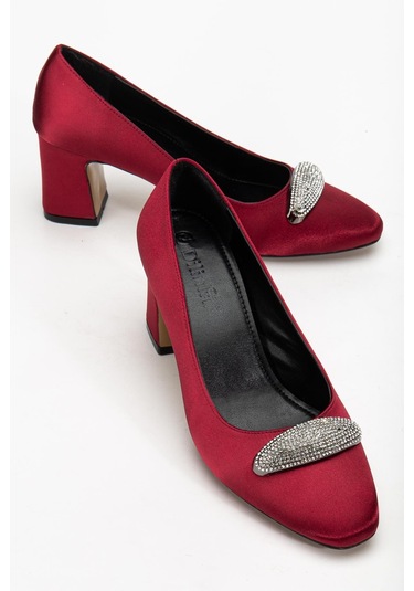 Kadın Siletto Topuklu Ayakkabı Bordo Saten Taşlı Kalın Topuklu-4169 Bordo