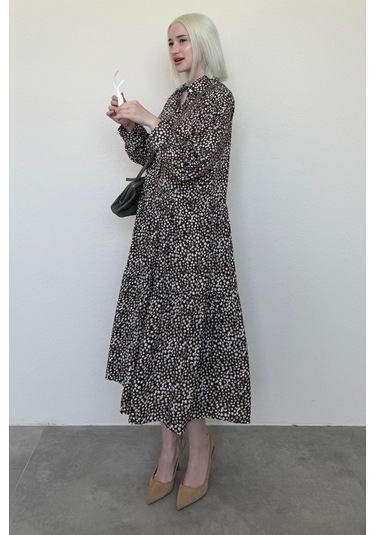 Madmext Kahverengi Uzun Kollu Düğmeli Desenli Elbise Mg2431 Kahverengi