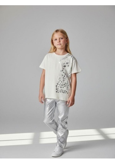 Zekids Kız Çocuk Taş Baskı Detaylı Basic T-shirt-16980 Ekru