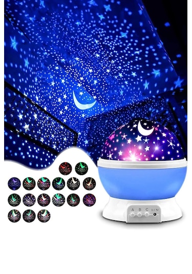 Dekoratif Çocuk Odası Gece Lambası Projeksiyon Dönen Ay Yıldız Mavi
