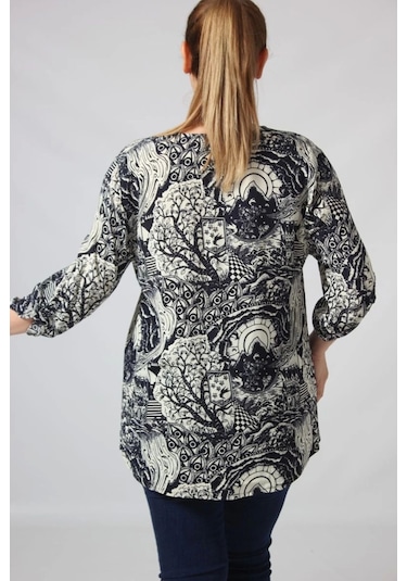 Moda Berray 3295 Lacivert Krem Karışık Desenli Viscon Kumaş Gömlek Siyah