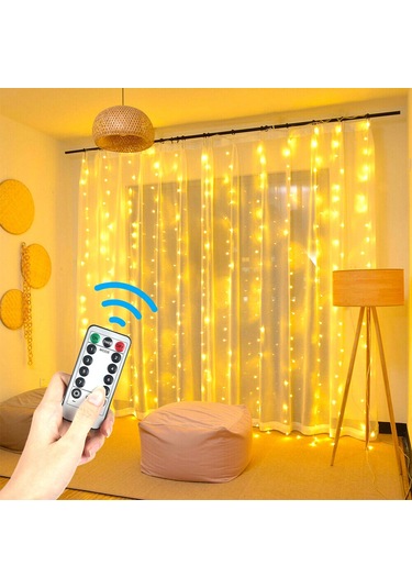 Upway 3x3 Metre Kumandalı 8 Modlu Askılı Usb 300 Led Işıklı Perde Gün Işığı Sarı