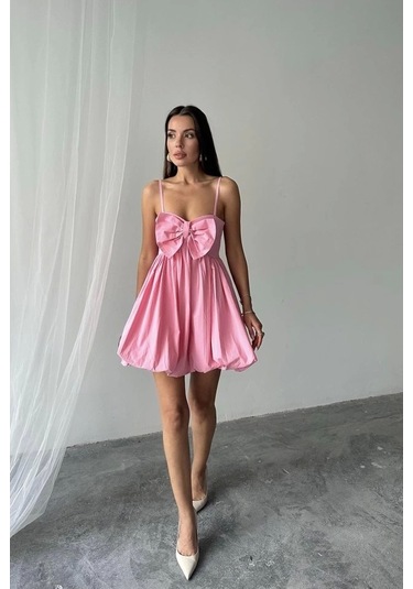 Pembe Önü Fiyonklu Askılı Elbise Pembe