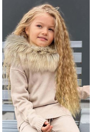 Riccotarz Kız Çocuk Yakası Çıkarılabilir Kürklü Kazak Çift Cepli Triko Ekru Alt Üst Takım Ekru