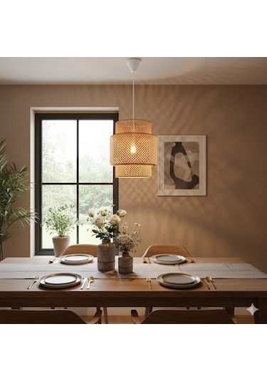 Panalı Dekoratif Doğal Rattan Sarkıt Avize 35x40 Cm Kahve - Bej