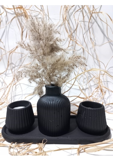 Küp Vazolu Tabaklı Tealight Mumluk Set Siyah