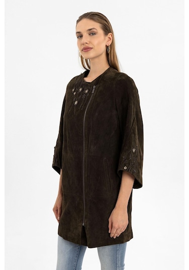 Kado Kahve Çiçek Nakışlı Kadın Hakiki Deri Kaban-olive Çok Renkli