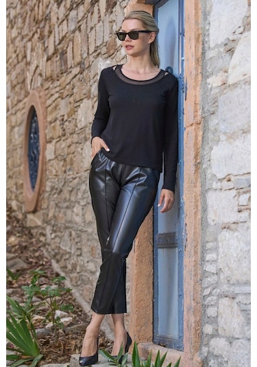 Cossy By Aqua 26081 Kadın Taş Baskılı Uzun Kollu Deri Pantalonlu Spor 2'li Takım-siyah Siyah