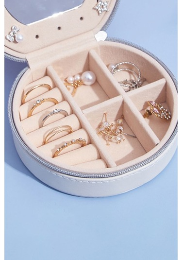 Chavin Beyaz Deri Seyahat Yüzük Küpe Kolye Takı Kutusu St1-69by Beyaz