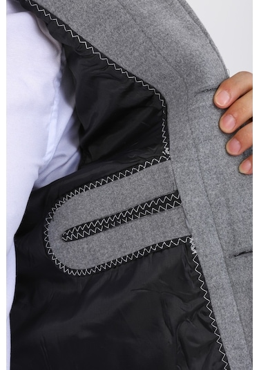 Erkek Açık Gri Dar Kesim Yün Karışımlı Kaşe Gömlek Yaka Kaban-Açık Gri