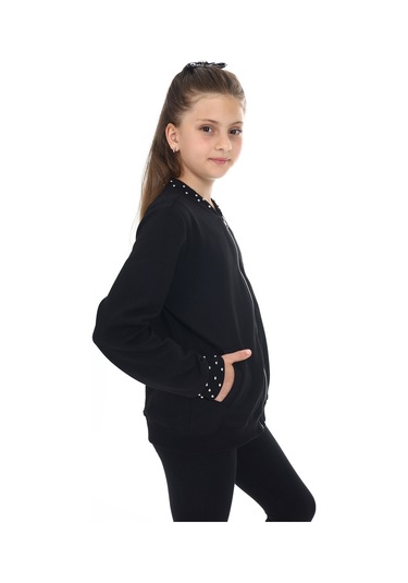 Toontoy Kız Çocuk Kolej Yaka Fermuarlı Cepli Boncuk İşlemeli Örme Hırka - 2 İplik Siyah